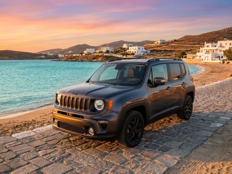Rental car in Paros parked by the beach during sunset